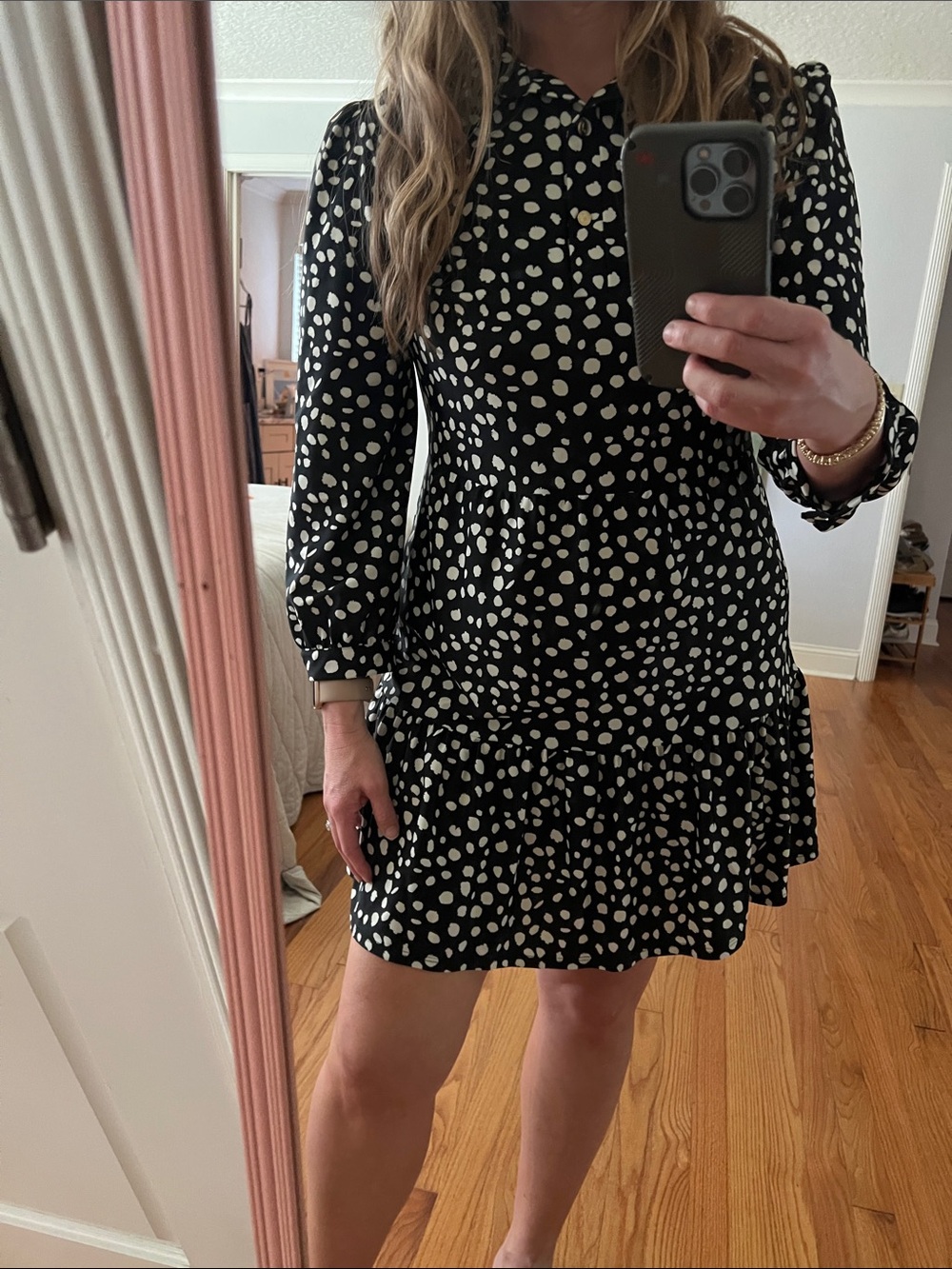 Jude Connally Black Cream Polka Dot 3/4 Sleeve Dress Size MD EUC